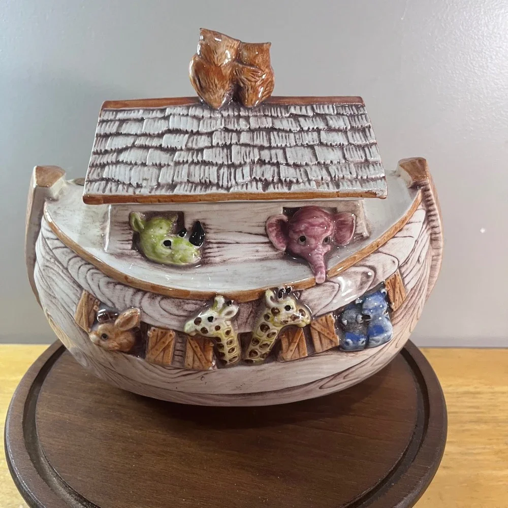 Treasure Craft Noahs Ark Cookie Jar Vtg Brown Ceramic Animal Nursery Decor